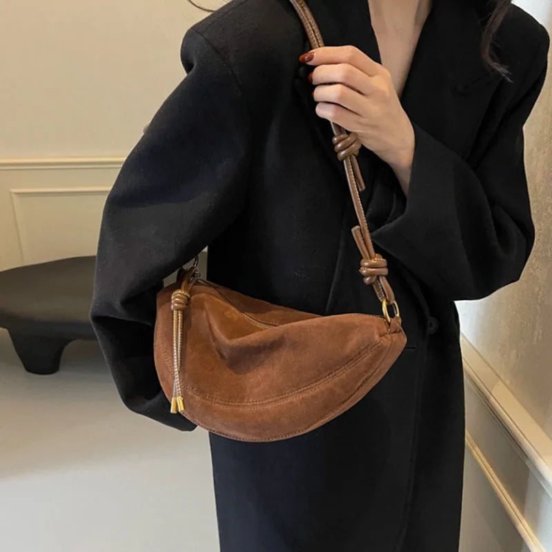 Faux Suede Women’s Shoulder Bag – Trendy Underarm Crossbody Dumpling Style Handbag