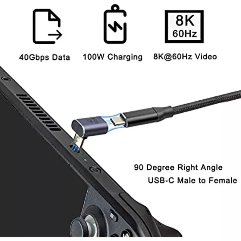 90° USB-C Right Angle Adapter – 40Gbps, 100W PD & 8K@60Hz Video (Male to Female)
