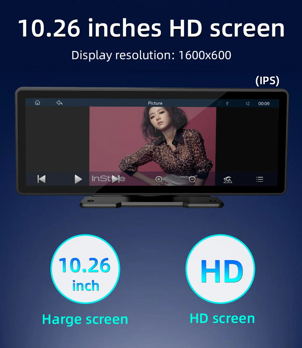 BQCC 10.26” Wireless CarPlay Screen – Portable Car Display with Rear Camera & Android Auto