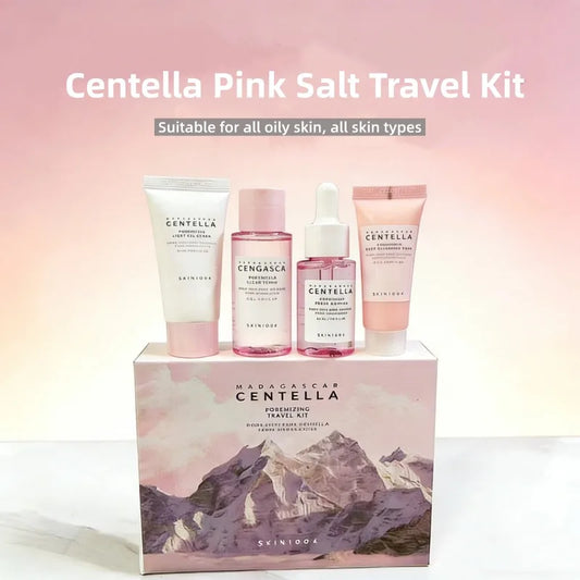 Korean Centella Pink Salt Travel Kit,PoreMizing Toner,Foam,Pore Care Fresh Ampoule and Light Gel Cream Daily Skincare Mini Sets
