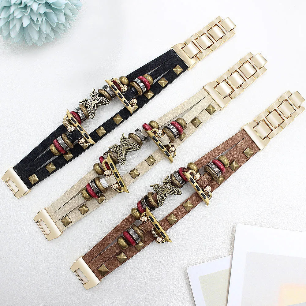 Retro Leather Metal Bracelet Strap for Apple Watch — Ultra/Series 10/9/SE/7/6/5/4 · 49/46/45/44/42/41/40mm