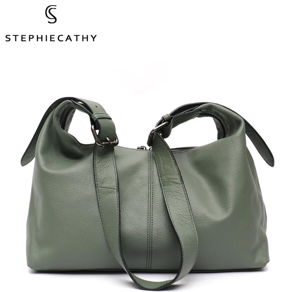 Luxury Cowhide Leather Crossbody Bag – Large Casual Hobo Shoulder Bag with Wide Strap