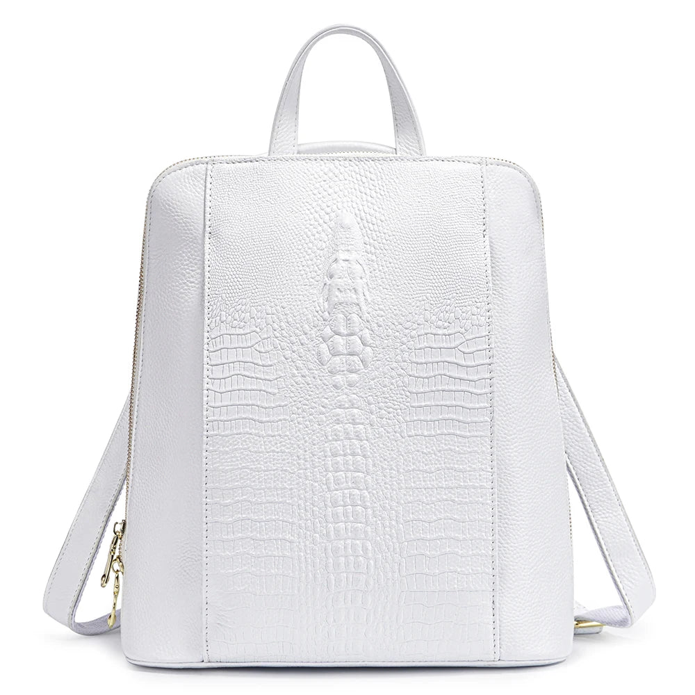 Zency 100% Genuine Leather White Crocodile Pattern Women’s Backpack – Luxury A4 & Laptop Bag