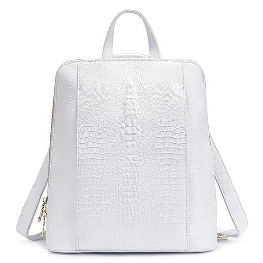 Zency 100% Genuine Leather White Crocodile Pattern Women’s Backpack – Luxury A4 & Laptop Bag