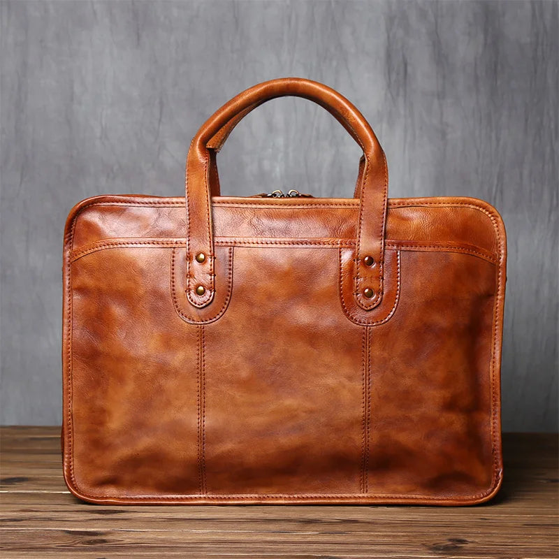 NZPJ Retro Men's Briefcase Top Layer Cowhide Handbag Travel Bag Handmade Leather Laptop Business Bag Shoulder Crossbody Bag