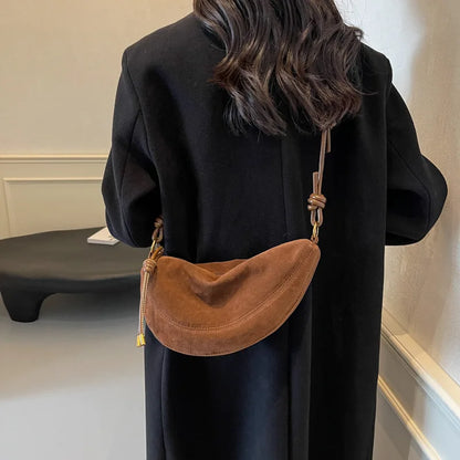 Faux Suede Women’s Shoulder Bag – Trendy Underarm Crossbody Dumpling Style Handbag