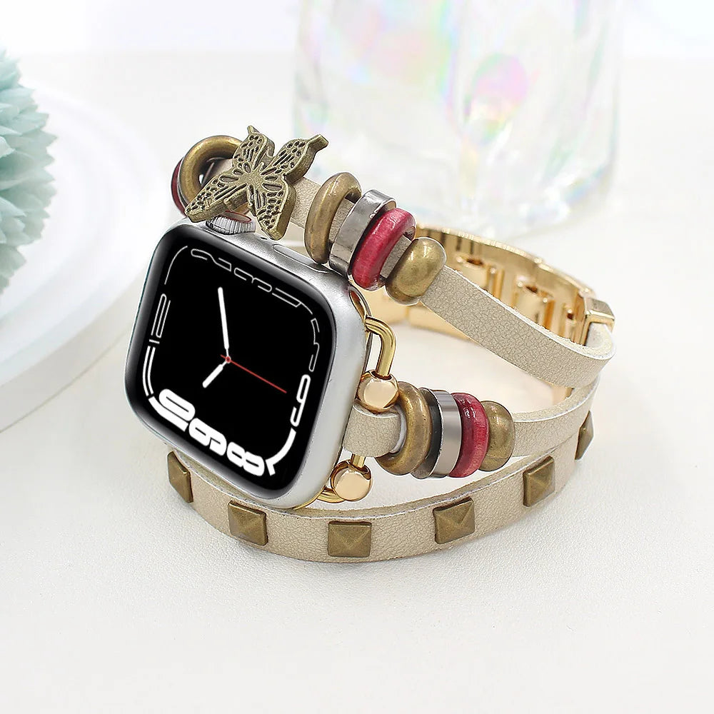 Retro Leather Metal Bracelet Strap for Apple Watch — Ultra/Series 10/9/SE/7/6/5/4 · 49/46/45/44/42/41/40mm