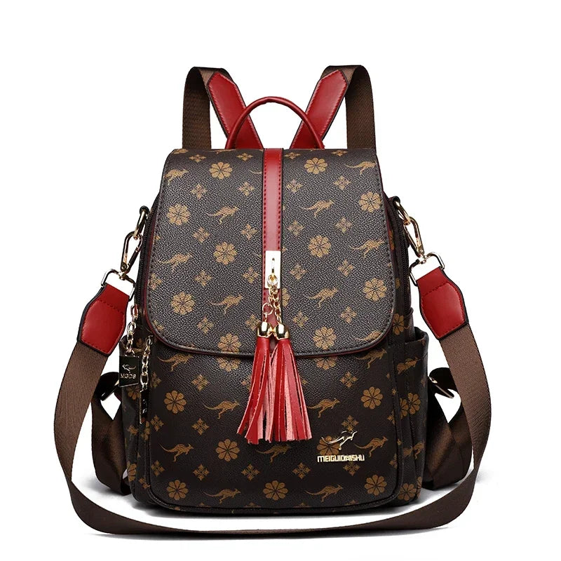Luxury Designer Leather Women’s Backpack with Tassels – Large Capacity Fashion School Bag