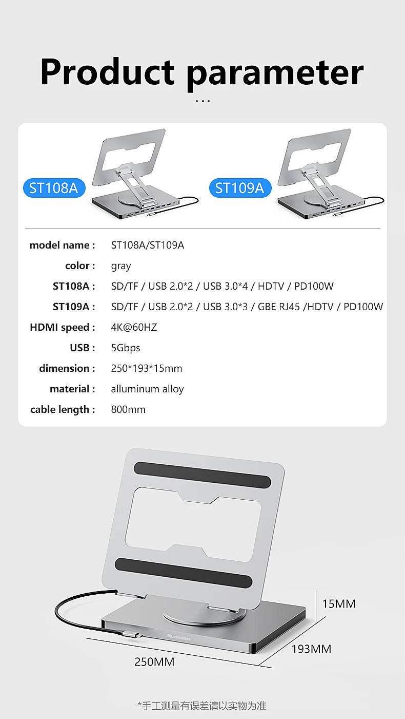 Blueendless 10-in-1 USB-C Hub & iPad Holder – 4K 60Hz Docking Station with 100W PD Charging