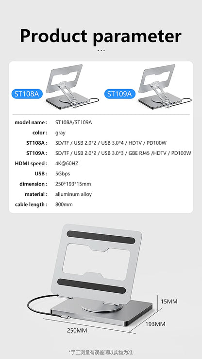 Blueendless 10-in-1 USB-C Hub & iPad Holder – 4K 60Hz Docking Station with 100W PD Charging