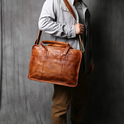 NZPJ Retro Men's Briefcase Top Layer Cowhide Handbag Travel Bag Handmade Leather Laptop Business Bag Shoulder Crossbody Bag