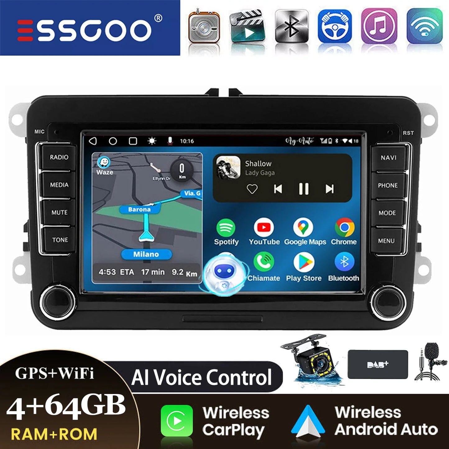 ESSGOO 7" Android14 Carplay Car Stereo GPS NAV RDS FM BT for VW Golf 5 6 Passat Polo 6R Touran Tiguan Caddy EOS Jetta Seat Skoda