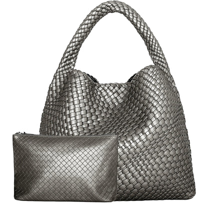 Woven Tote Bag for Women – Large Soft Leather Shoulder Bag with Purse