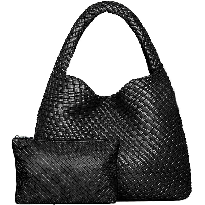 Woven Tote Bag for Women – Large Soft Leather Shoulder Bag with Purse