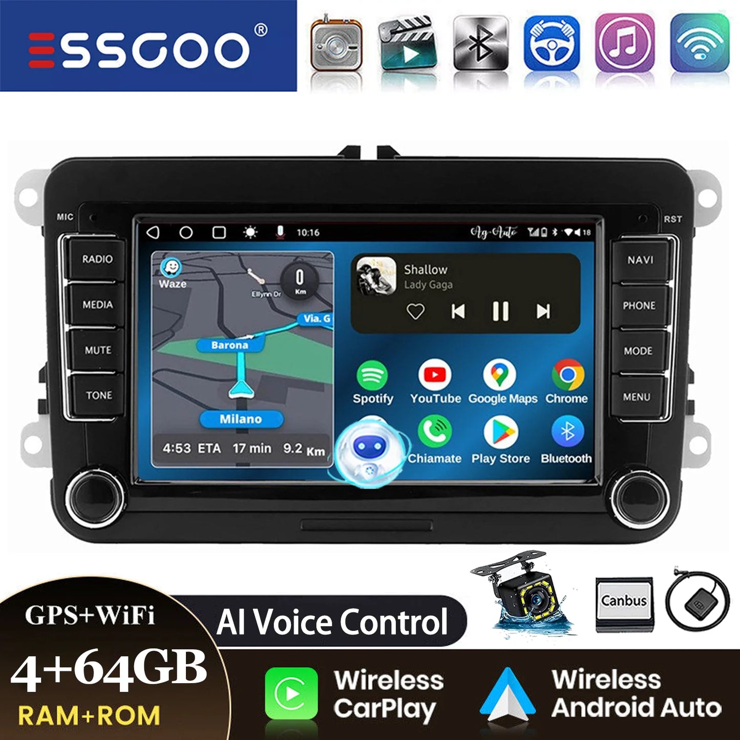 ESSGOO 7" Android14 Carplay Car Stereo GPS NAV RDS FM BT for VW Golf 5 6 Passat Polo 6R Touran Tiguan Caddy EOS Jetta Seat Skoda