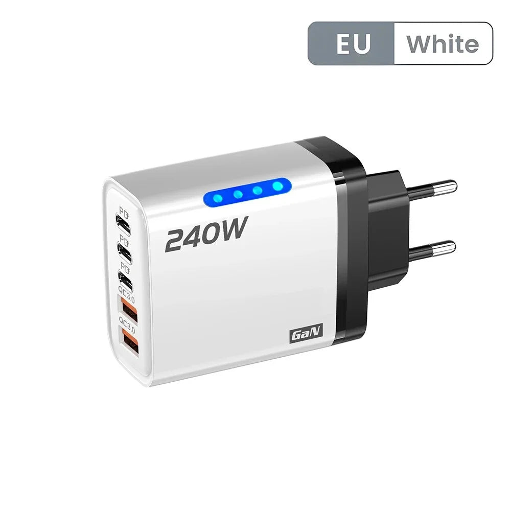 240W GaN USB-C Charger 5-in-1 – Fast Charging Power Adapter (EU/US Plug)