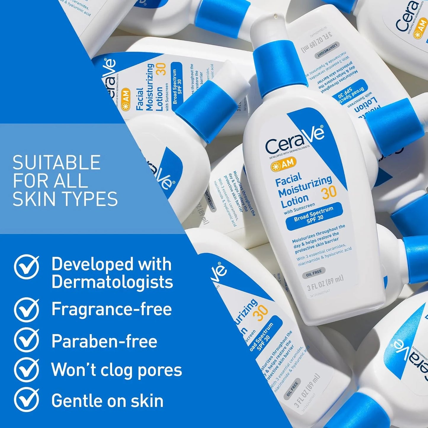 CeraVe AM Facial Moisturizing Lotion SPF 30, Oil-Free, with Hyaluronic Acid, Niacinamide & Ceramides, 3oz