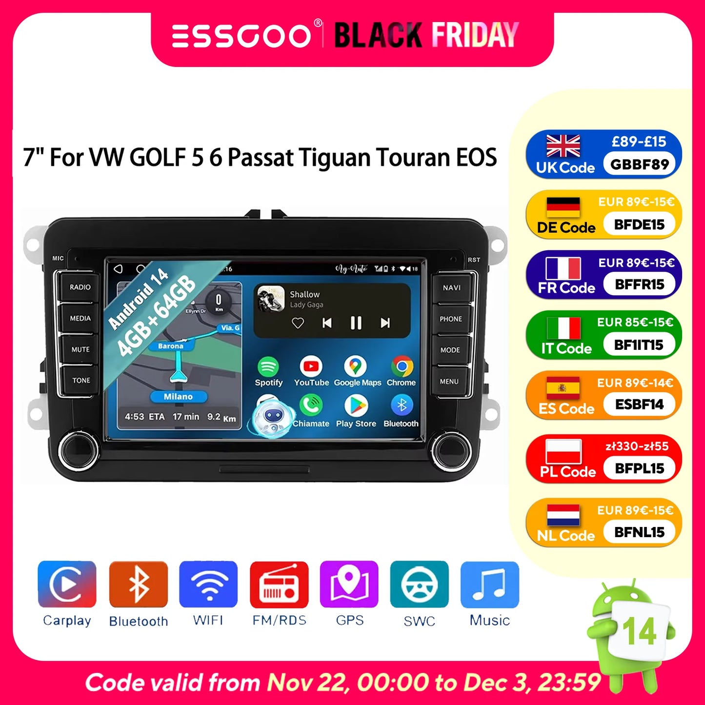 ESSGOO 7" Android14 Carplay Car Stereo GPS NAV RDS FM BT for VW Golf 5 6 Passat Polo 6R Touran Tiguan Caddy EOS Jetta Seat Skoda