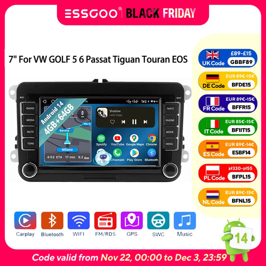 ESSGOO 7" Android14 Carplay Car Stereo GPS NAV RDS FM BT for VW Golf 5 6 Passat Polo 6R Touran Tiguan Caddy EOS Jetta Seat Skoda