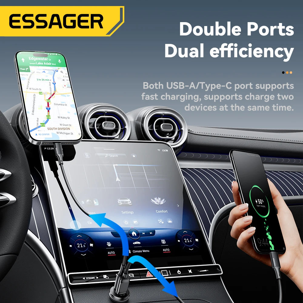 Essager 45W Car Charger Fast Charging Dual Port  PD QC3.0 Type-C Quick Charger for iPhone 16 15 14 Samsung Xiaomi Huawei Oppo