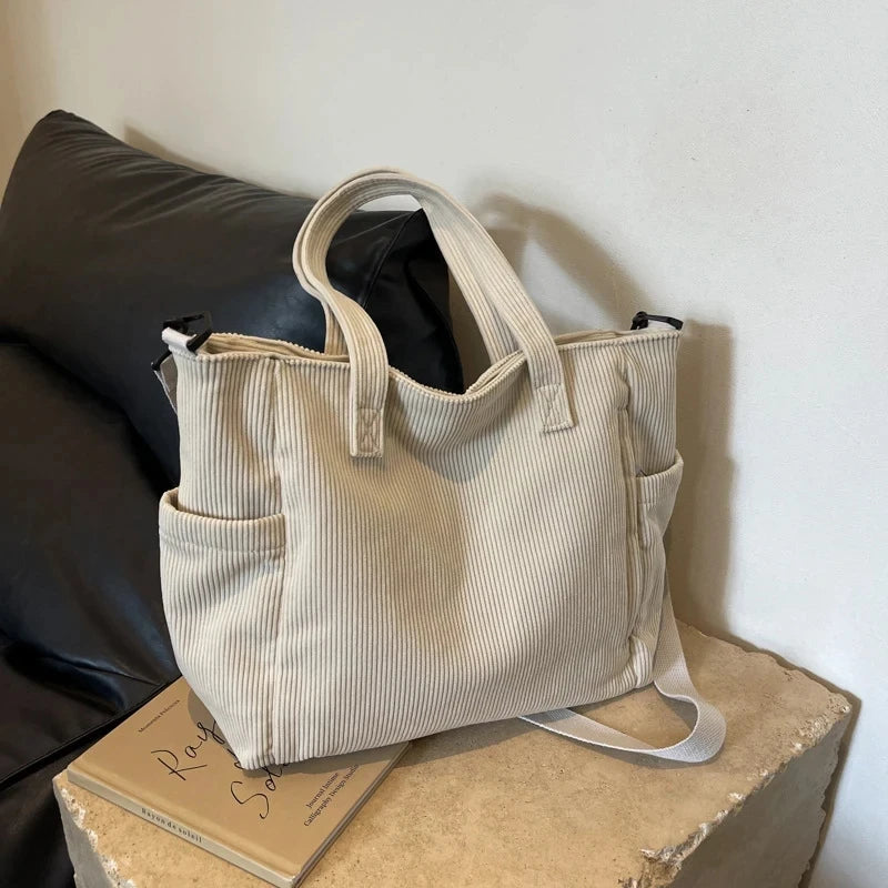Striped Velvet Women’s Tote Bag – Large Capacity Corduroy Shoulder Handbag