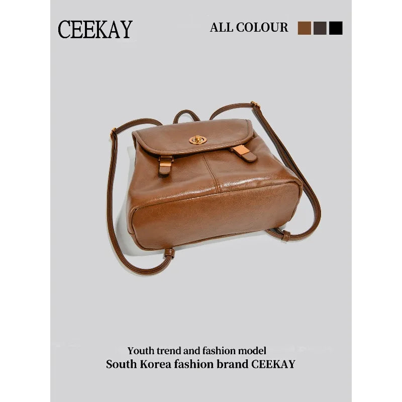 CEEKAY Korean Style Leather Women’s Backpack – Retro Travel & School Bag with Turn Lock Design