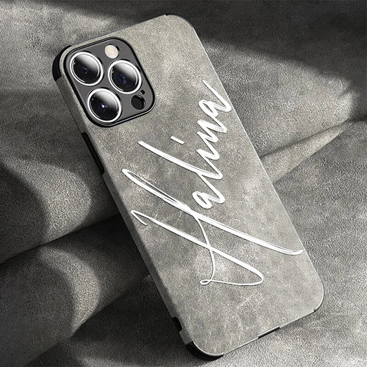Large Brush Calligraphy Name Customized Phone Case For iPhone 16 15 14 13 12 11 Pro Max Lambskin Faux Leather Shockproof Cover