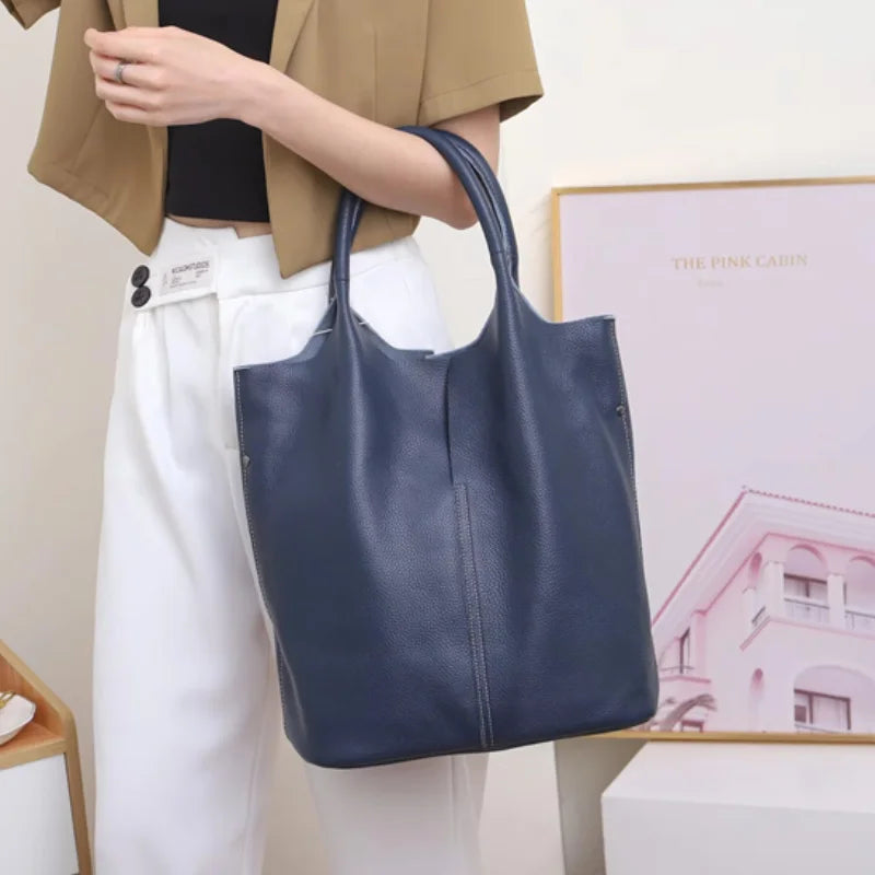 Genuine Leather Bucket Tote Bag – Luxury Cowhide Shoulder Shopper for Women