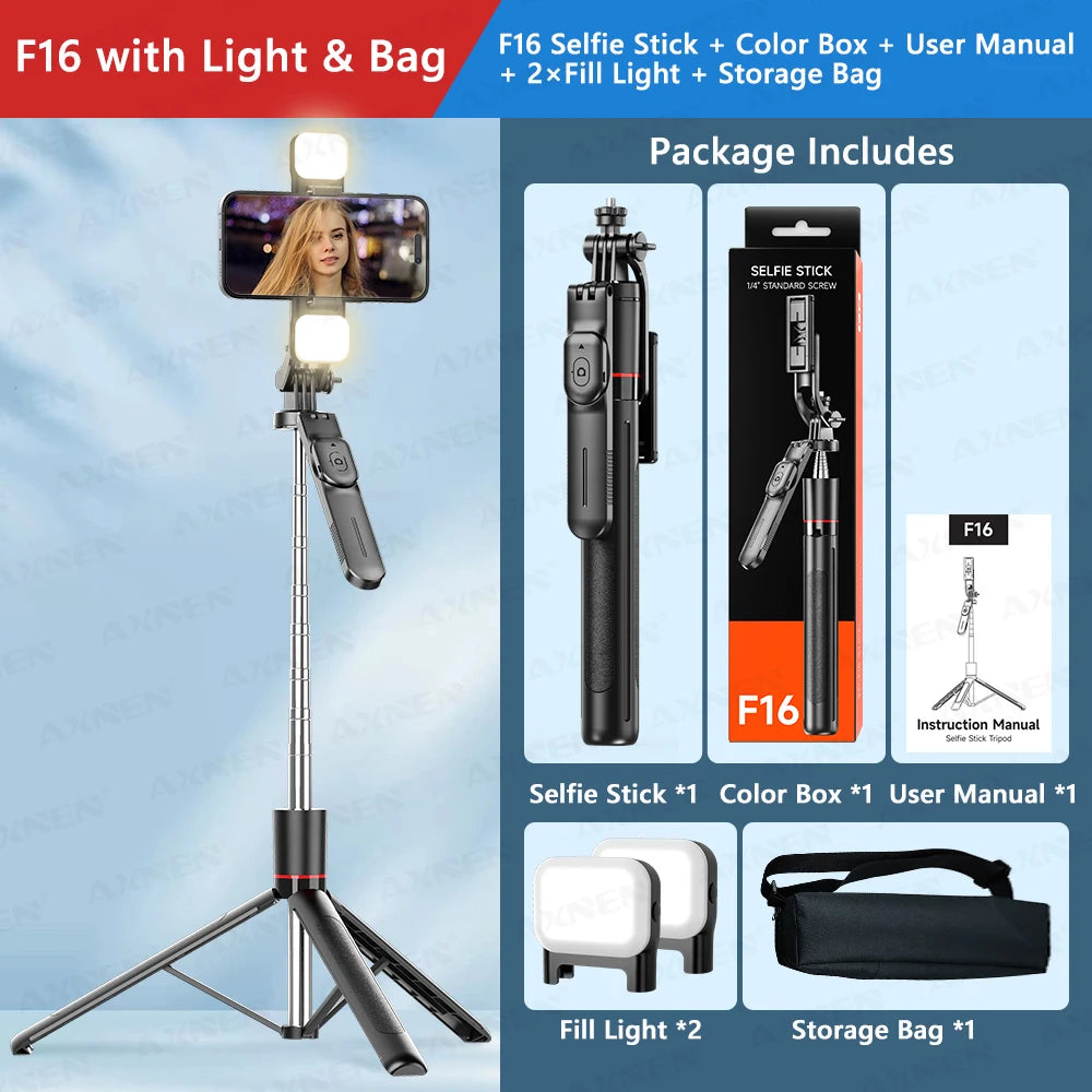 F16 Selfie Stick Tripod – 170cm Extendable with Bluetooth Remote & 360° Rotation