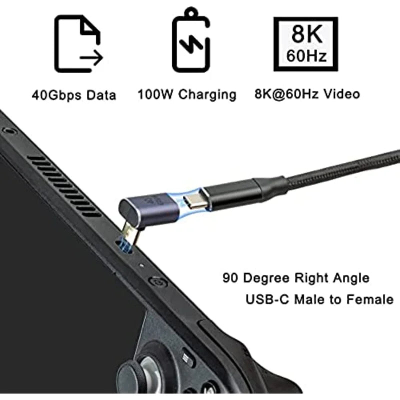 90° USB-C Right Angle Adapter – 40Gbps, 100W PD & 8K@60Hz Video (Male to Female)