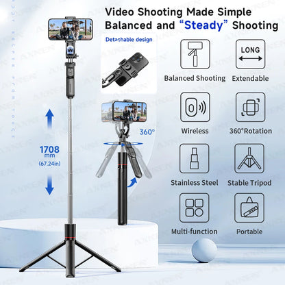 F16 Selfie Stick Tripod – 170cm Extendable with Bluetooth Remote & 360° Rotation
