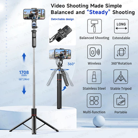 F16 Selfie Stick Tripod – 170cm Extendable with Bluetooth Remote & 360° Rotation