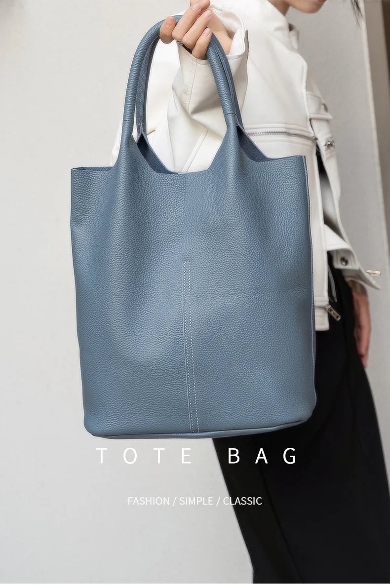 Genuine Leather Bucket Tote Bag – Luxury Cowhide Shoulder Shopper for Women