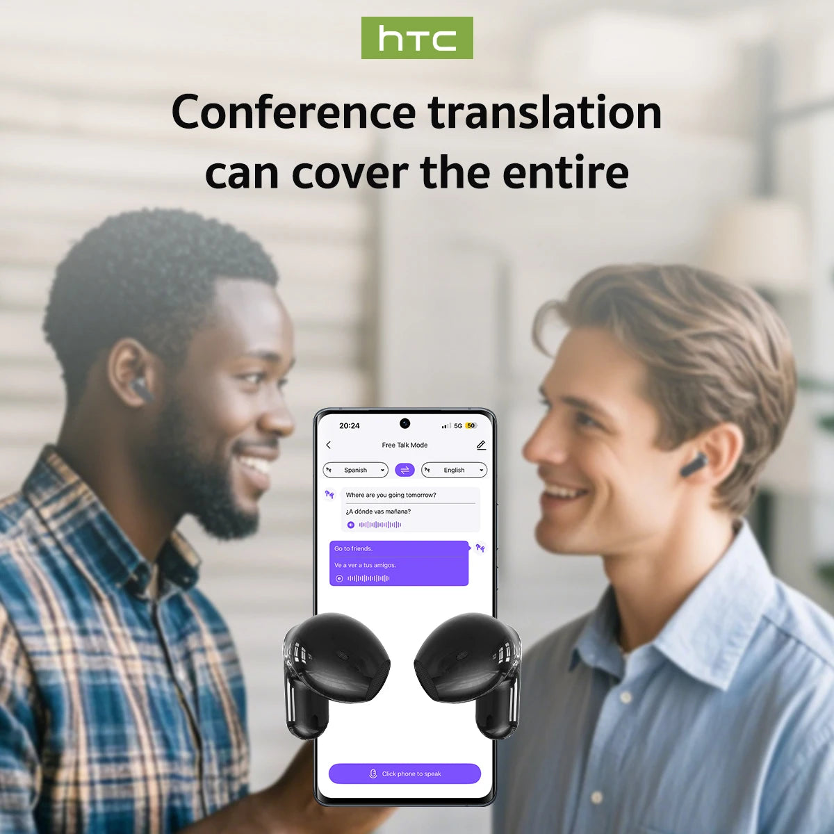 Translator HTC NE20 New Bluetooth 6.0 Wireless Headphones Translation Earphones IPX4 Waterproof Rating Long Battery Life