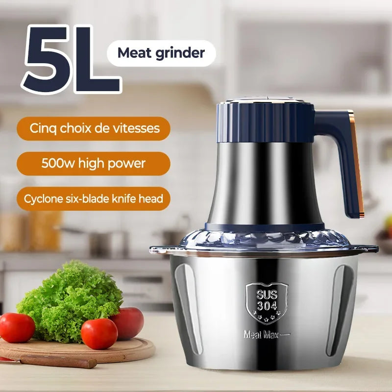 Electric Meat Grinder & Food Chopper 5L – Stainless Steel Multifunction Kitchen Processor
