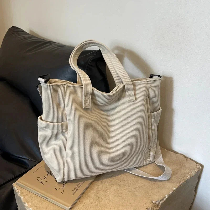 Striped Velvet Women’s Tote Bag – Large Capacity Corduroy Shoulder Handbag
