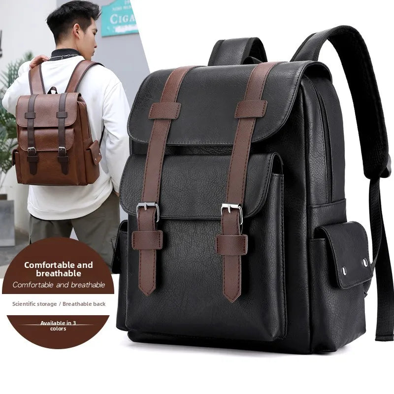 Large Capacity PU Leather Backpack Casual Business Computer Bag Travel Student Bookbag Outdoor Trip Backpack Men's City Simpl...