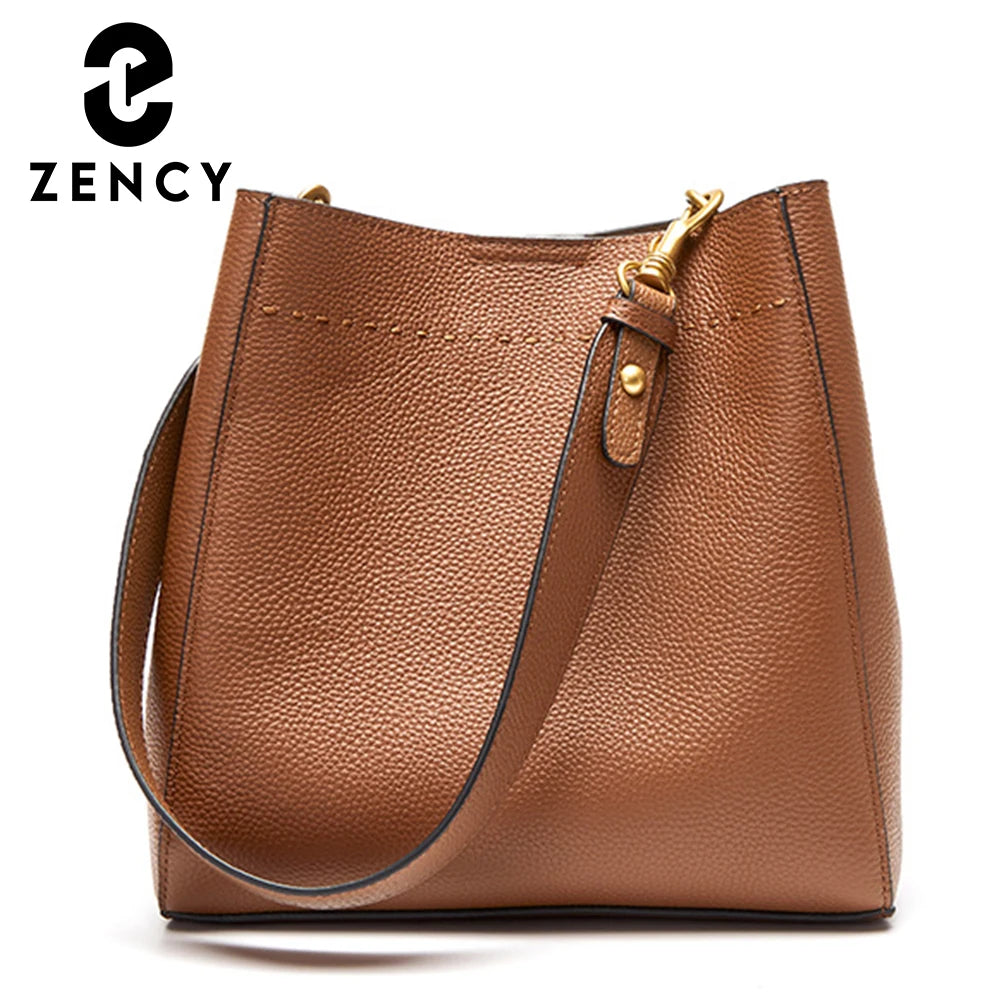 Zency Genuine Leather Bucket Bag – Large Casual Shopper Shoulder Tote for Women