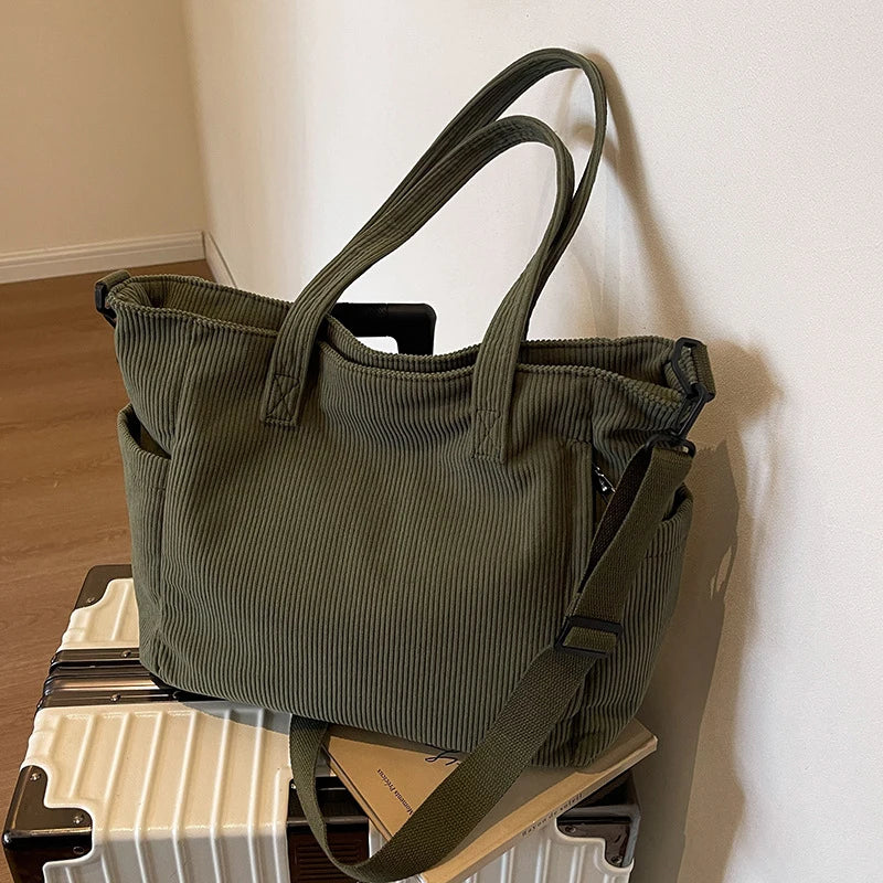 Striped Velvet Women’s Tote Bag – Large Capacity Corduroy Shoulder Handbag