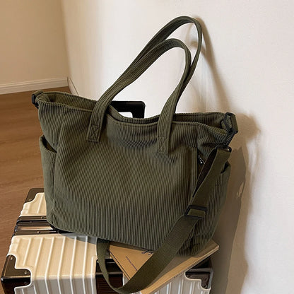 Striped Velvet Women’s Tote Bag – Large Capacity Corduroy Shoulder Handbag