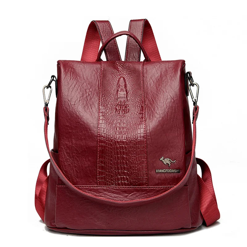 Women’s Crocodile Pattern Leather Backpack – Large Capacity Designer School & Travel Bag