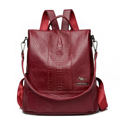 Women’s Crocodile Pattern Leather Backpack – Large Capacity Designer School & Travel Bag
