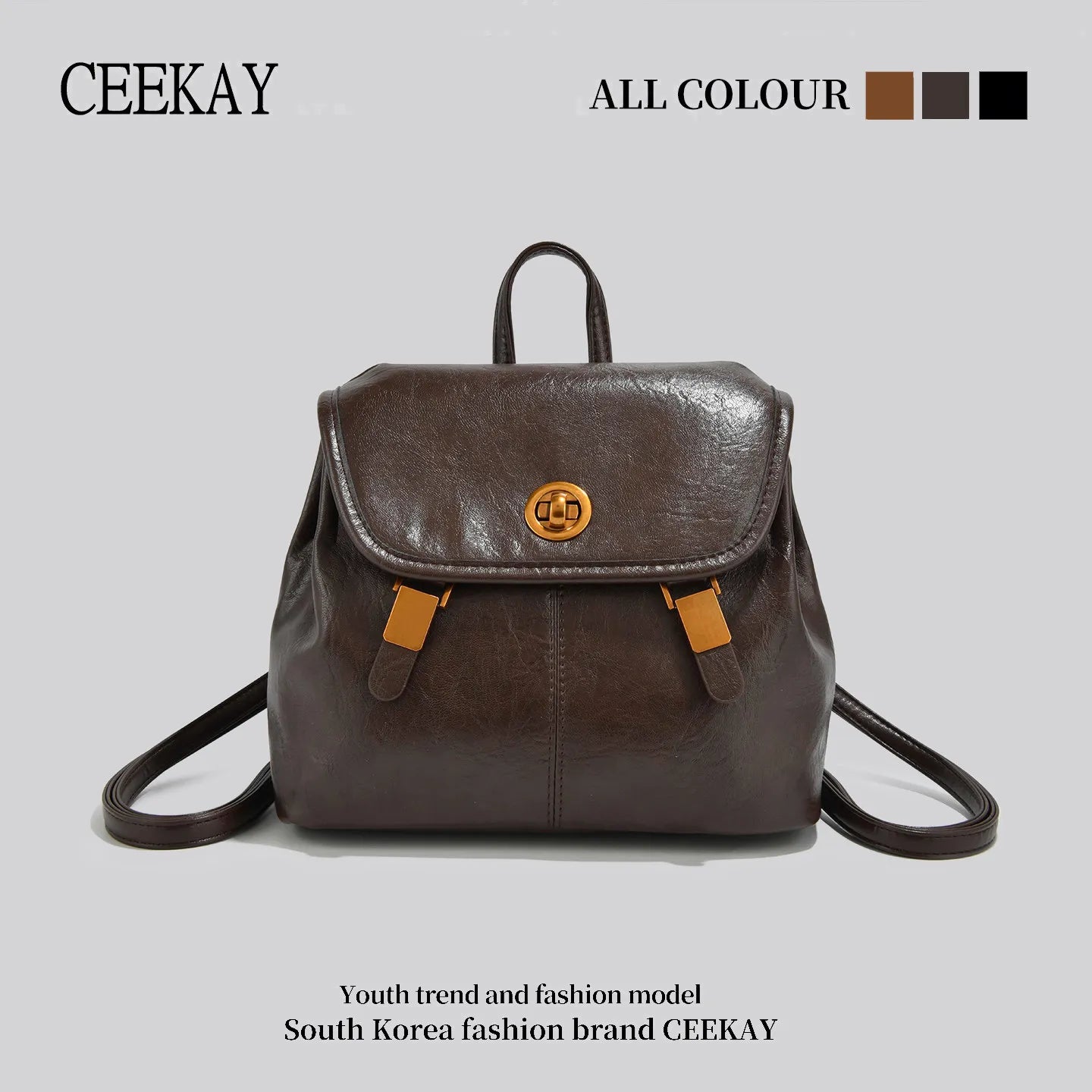 CEEKAY Korean Style Leather Women’s Backpack – Retro Travel & School Bag with Turn Lock Design