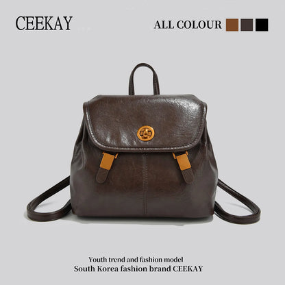 CEEKAY Korean Style Leather Women’s Backpack – Retro Travel & School Bag with Turn Lock Design