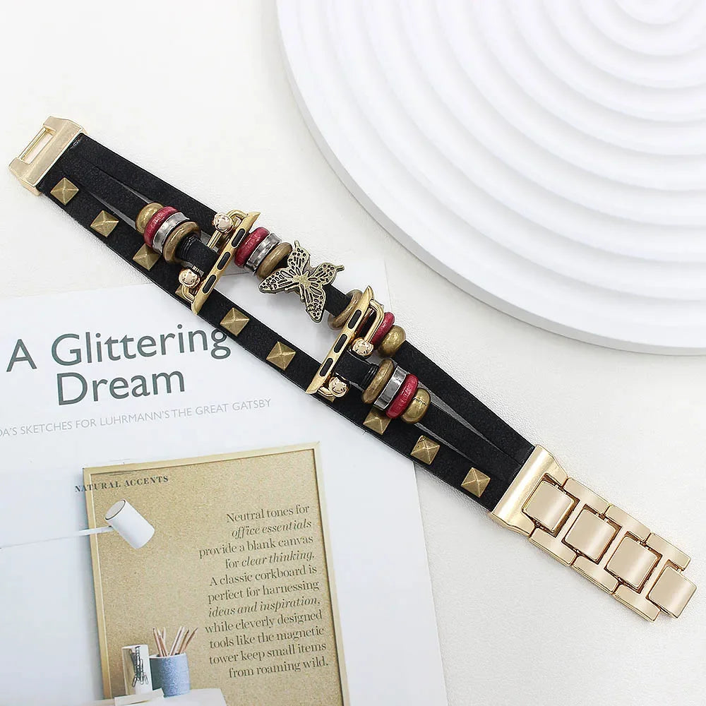 Retro Leather Metal Bracelet Strap for Apple Watch — Ultra/Series 10/9/SE/7/6/5/4 · 49/46/45/44/42/41/40mm