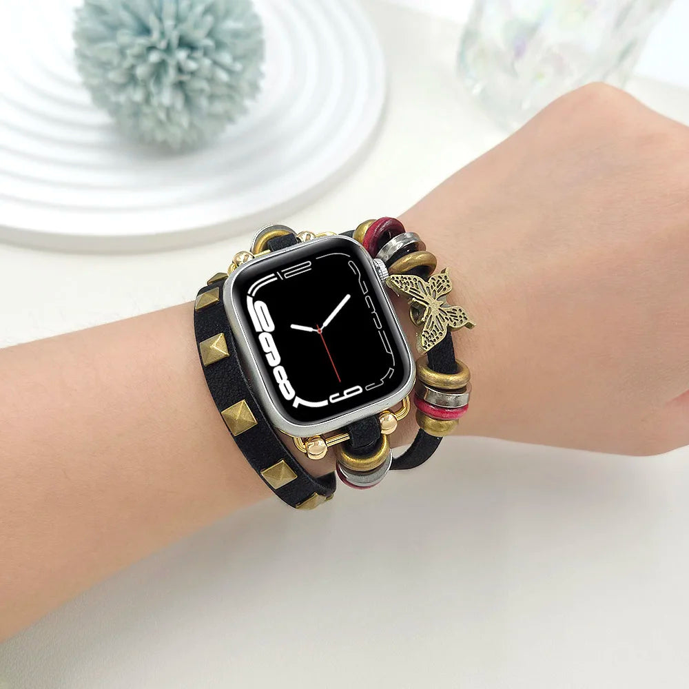 Retro Leather Metal Bracelet Strap for Apple Watch — Ultra/Series 10/9/SE/7/6/5/4 · 49/46/45/44/42/41/40mm