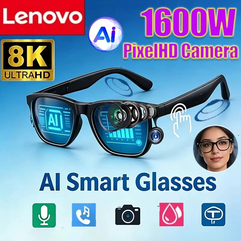 Lenovo NEW 1600W Sunglasses Wireless Bluetooth AI Glasses Smart Remote Control Touch Photo Recording Voice Assistant Translator