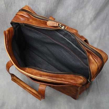 NZPJ Retro Men's Briefcase Top Layer Cowhide Handbag Travel Bag Handmade Leather Laptop Business Bag Shoulder Crossbody Bag