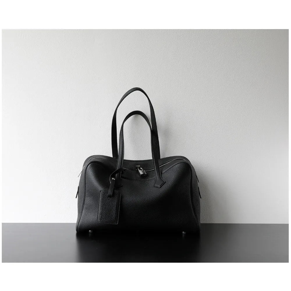 Premium Cowhide Boston Bag – Genuine Leather Large Capacity Women’s Bowling & Messenger Bag