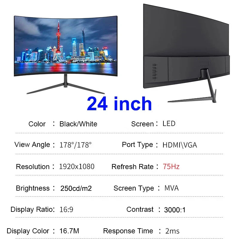 24” Curved Gaming Monitor – FHD 1080P 75Hz VA Display (3000R, 2ms, HDMI/VGA, VESA)